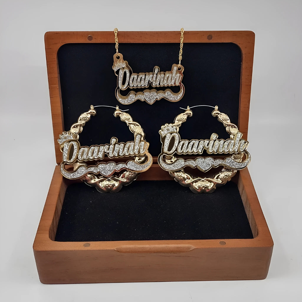 English name necklace and earring set with stainless steel letter pendant, twisted chain, gold rose gold silver options