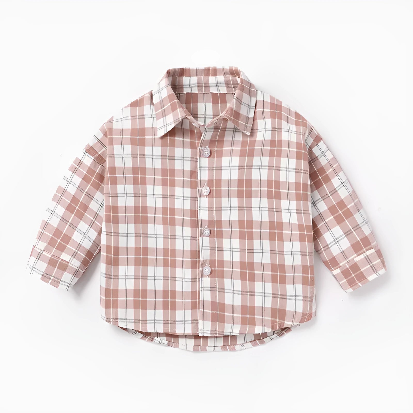 Boy wearing a cotton lattice shirt with animal cartoon print in light blue, long sleeves, casual style.