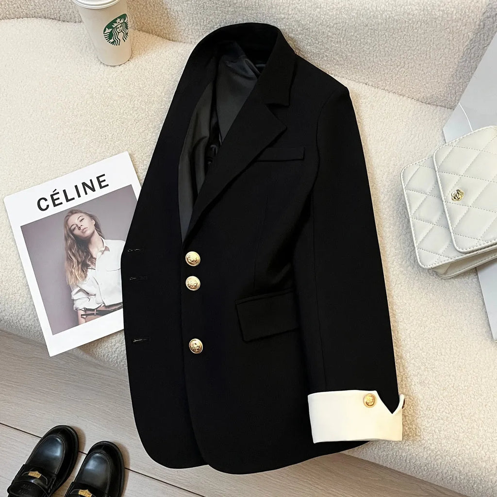 Korean-style loose fit women's coat in solid colour polyester, medium 65cm length with pockets.