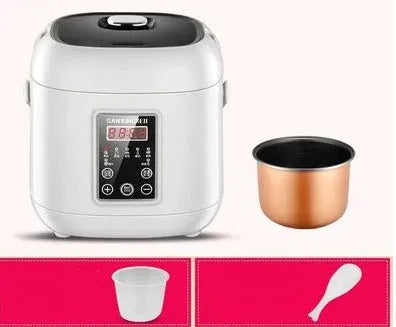 Compact round automatic rice cooker with steam pan and non-stick pot for one to two people.