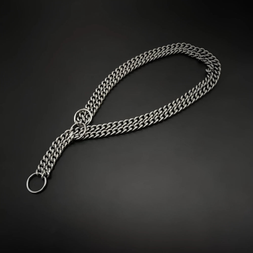 304 stainless steel explosion-proof pet collar in steel colour on plain background showing chain link structure