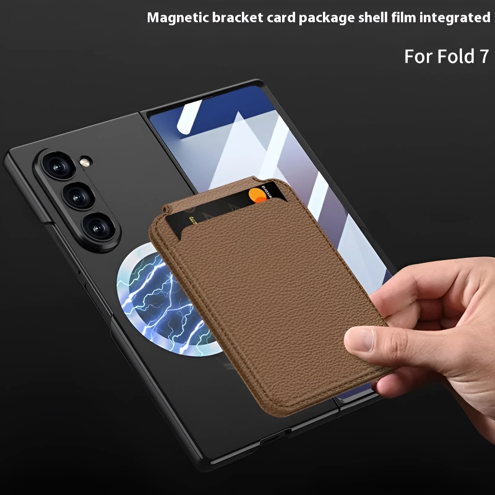 Samsung SMFold7 hard phone case with detachable card holder, bracket, and magnetic suction in Black