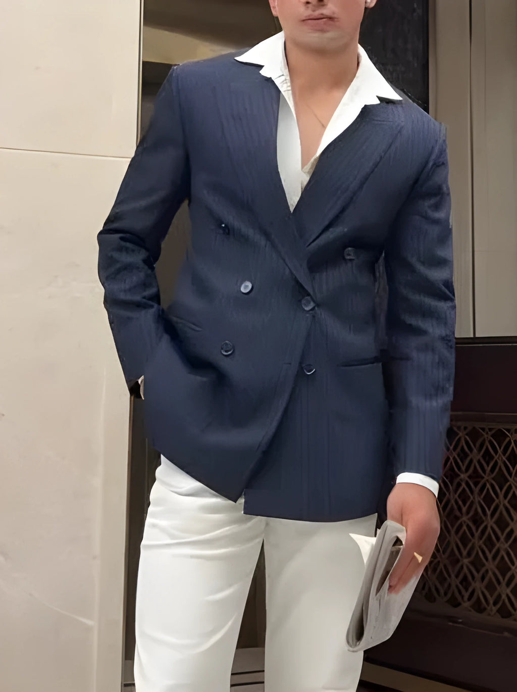 Men's classic stripe double breasted blazer jacket with regular fit and polyester construction