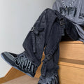Men's loose-fit black jeans with zip and lace-up front, mid waist and long pant length