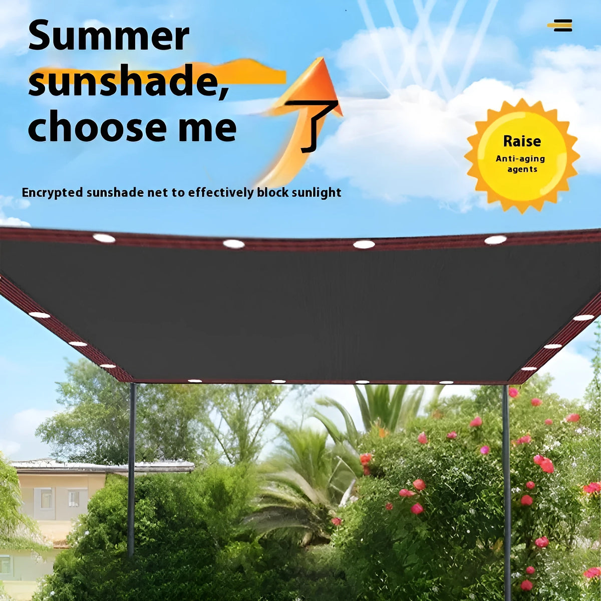 Black polyethylene sunshade net with sewn hemming and reinforced cornerite, 98% shading rate, sizes 2x2m to 3x6m