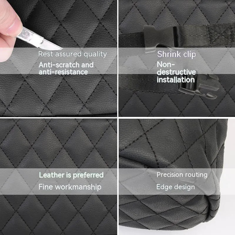 Leather hanging car storage bag in black, shown attached to a car seat headrest