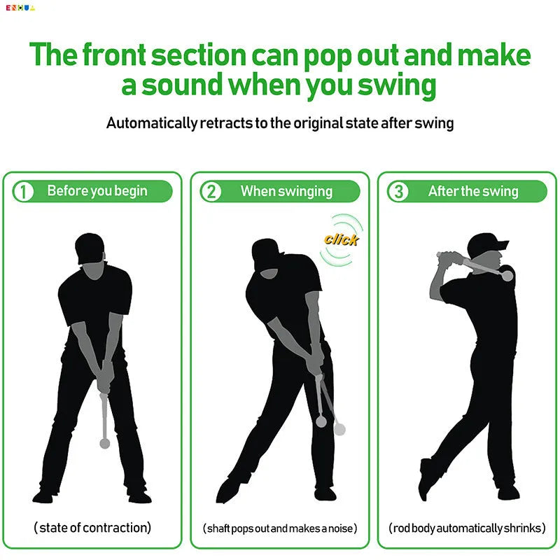 A telescopic golf swing practice trainer with a stainless steel frame, shown in an adjustable position.