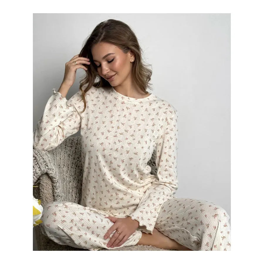 Women's white floral print lounge suit with bell sleeves and wide leg trousers