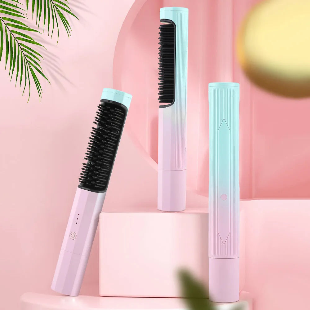 Pink cordless rechargeable straightening comb for hair with USB charging cable