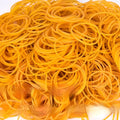 500g bulk pack of assorted yellow rubber bands in sizes from 25mm to 70mm diameter.