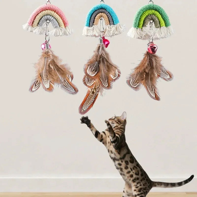 Feather cat rope door swing toy with elastic mechanism and sticky buckle clamp in blue green pink colours
