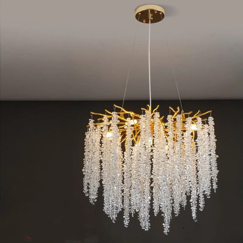 Adjustable height crystal chandelier lamp in round and long styles for living room or dining room.
