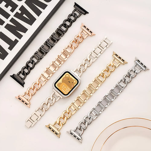 Metal denim chain link Apple Watch strap in silver, black, gold, rose gold and starlight colours.