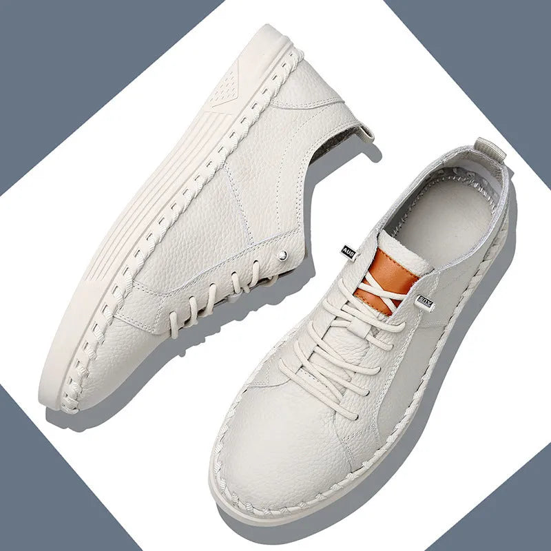Men's beige cowhide casual sneakers with round toe and stitching details