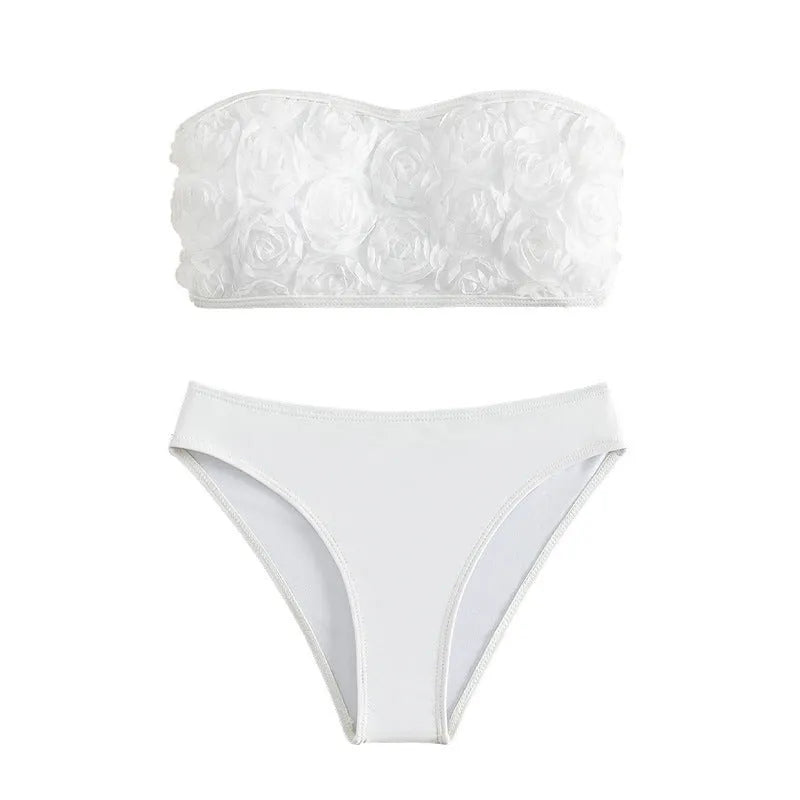 Women's white nylon tube top and high waist brief bikini swimsuit set
