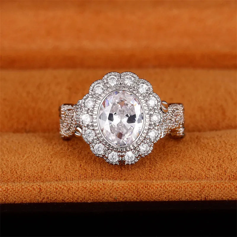 Geometry style ring with round zircon stone and diamond plating in white gold colour