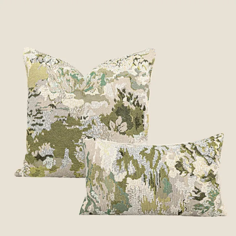 Antique green wool blend pillowcase with French style spring flowers botanical pattern.