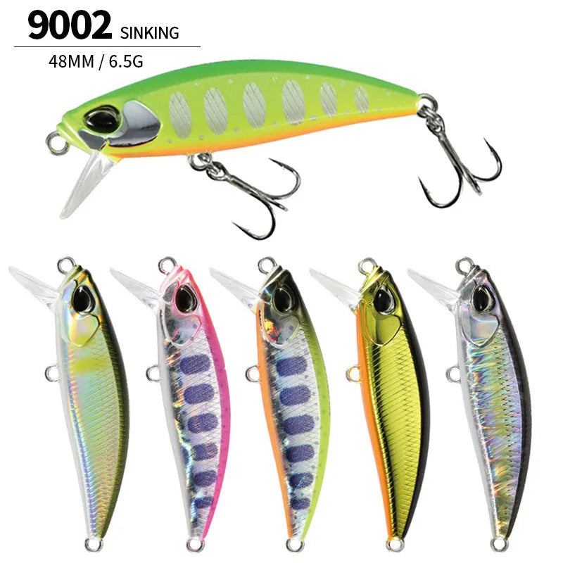 Japanese Submerged Mino hard fishing lure in multiple colours, showing 48mm length and detailed scale pattern for Mandarin Fish and Snakehead.