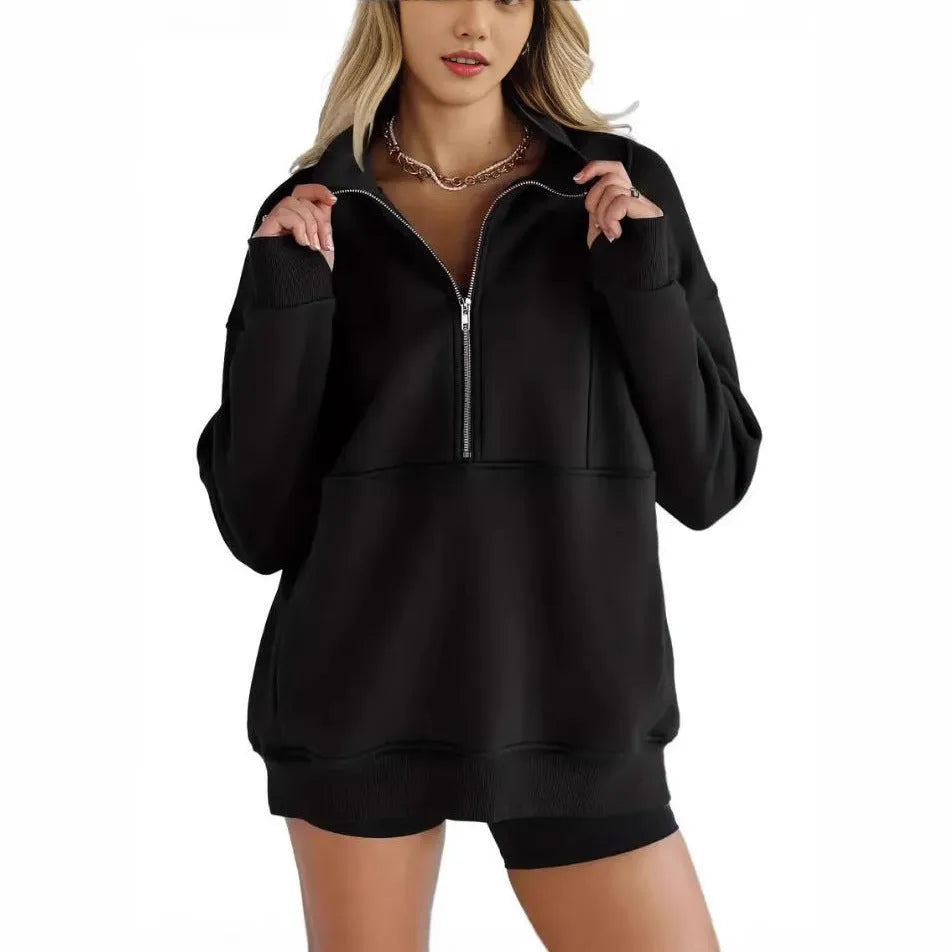 Women's loose fit hoody with zip patchwork pockets, thick brushed polyester pullover in multiple colours
