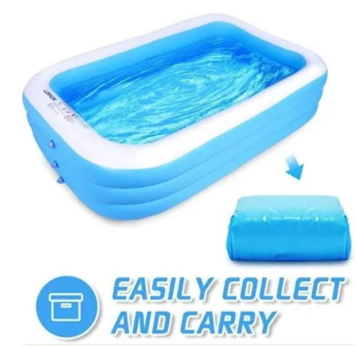 Rectangular inflatable kiddie pool, blue and white PVC, 150cm x 110cm x 50cm, with green base for outdoor summer play