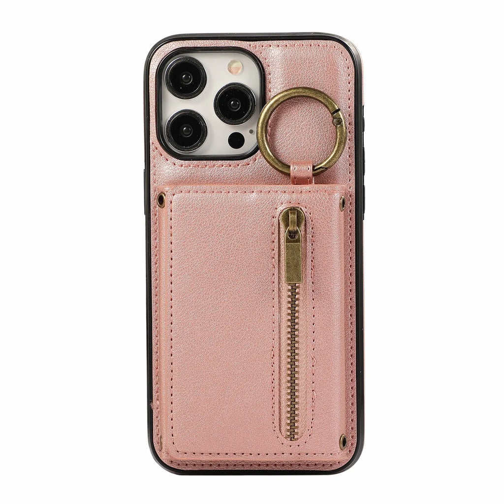 iPhone 16 crossbody phone case with tri-fold PU leather, card holder, ring bracket and zipper in black