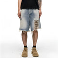 Light blue retro washed men's baggy denim shorts with wide leg and mid waist