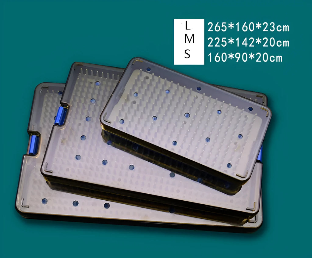 A flexible, translucent silicone disinfection box with a lid, shown in three different sizes for sanitising personal items.