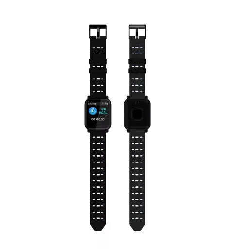 A6 colour screen smart bracelet in blue, black, or orange with silicone strap on wrist.