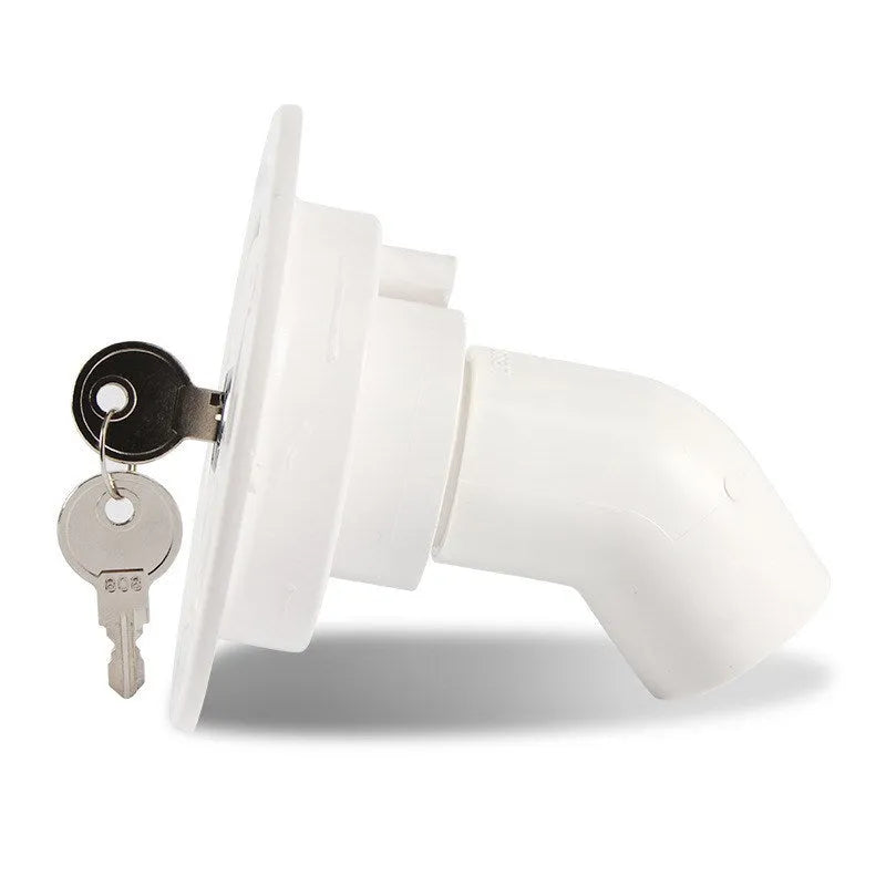 White RV gravity water filling port with 80mm mounting hole and 38mm hose connector