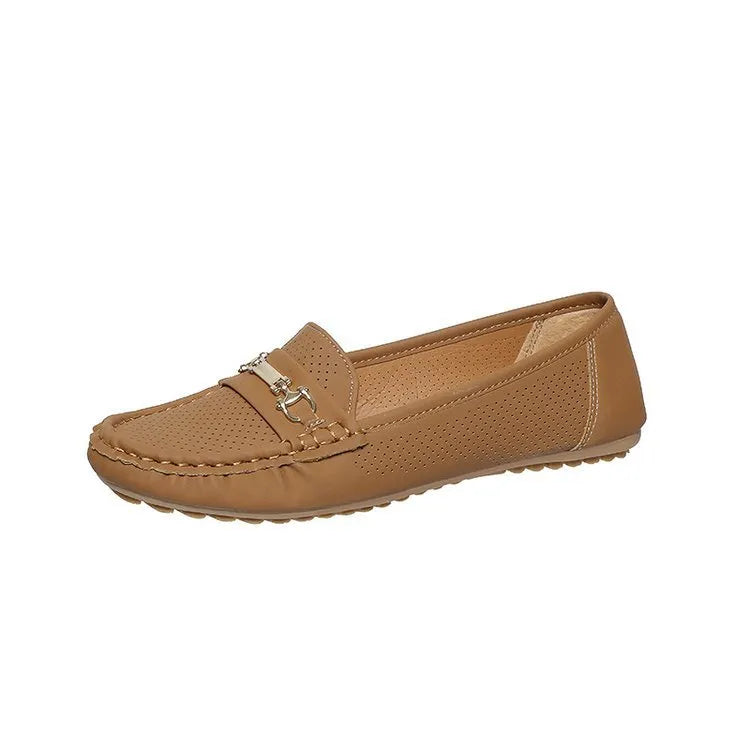 Women's flat casual shoe in artificial PU, available in white, black, and khaki colours.