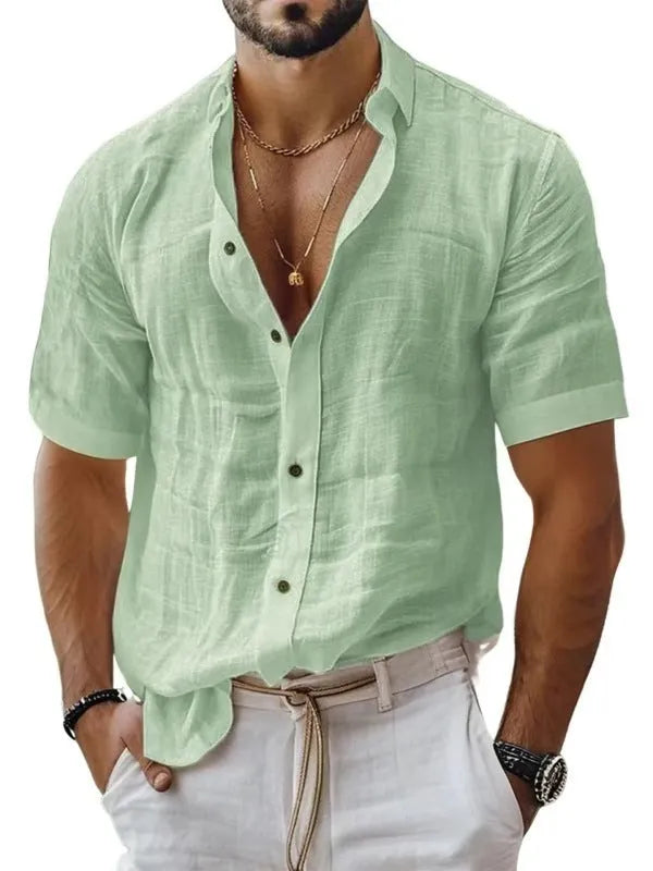 Men's short sleeve lapel shirt in blended cotton linen fabric shown in solid colour options