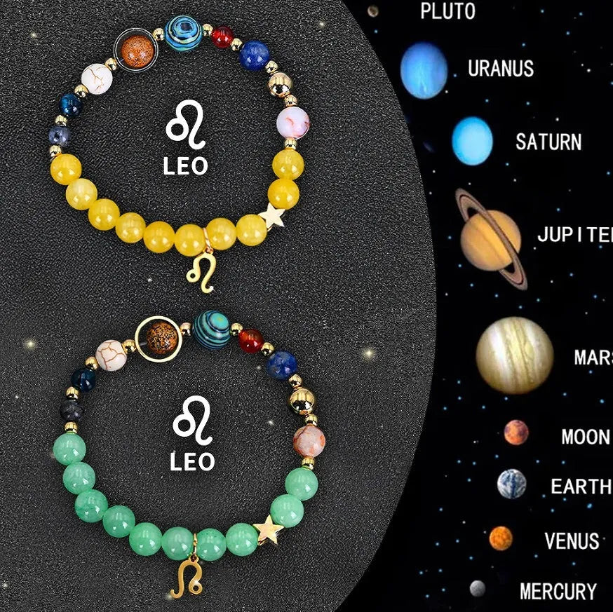 Set of twelve natural stone beaded bracelets, each with an adjustable clasp, arranged by zodiac sign.