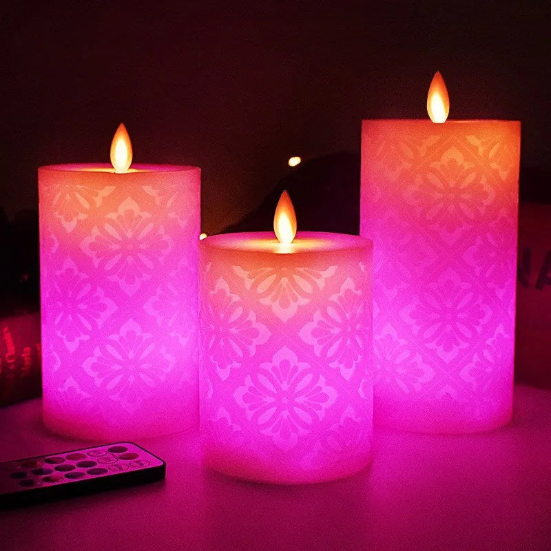LED hollow pattern electronic candle decoration lamp, paraffin cylindrical body, 8x10cm to 8x15cm, battery operated