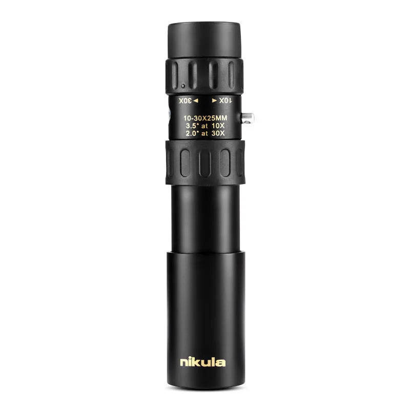 Black 10-30x25 compact zoom monocular telescope with 25mm objective lens and Bk4 prism
