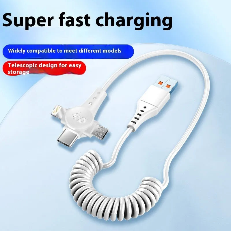 Black telescopic three-in-one charging cable with Lightning, Micro USB and Type-C interfaces