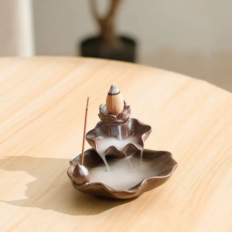 Ceramic reverse flow incense burner with purple clay construction and Ge kiln process
