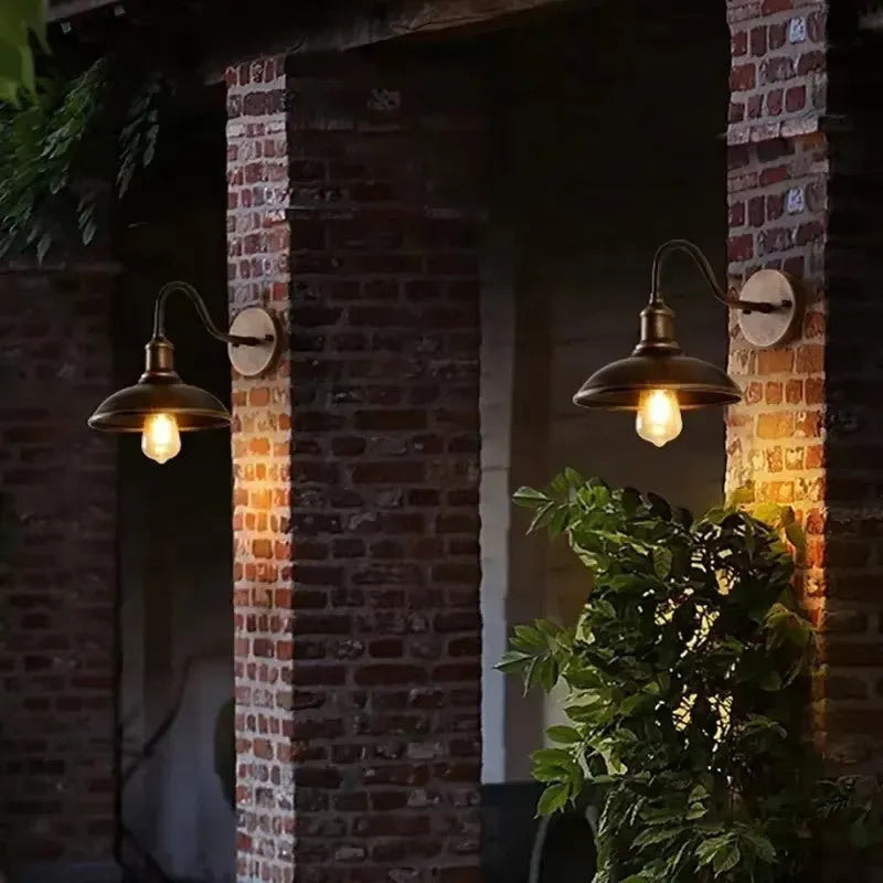 Retro villa courtyard wall lamp in copper or silver finish with right angle or bevel mounting style
