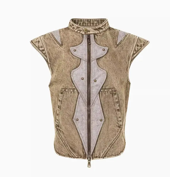 Dark denim pleated vest on hanger showing Korean-style cut and water-washed cotton fabric texture