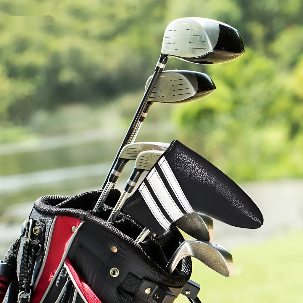 Black PU leather golf push rod sleeve cover for club handle protection.