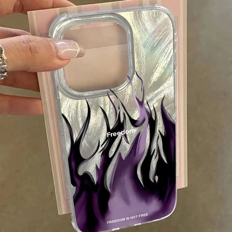 Silicone iPhone case with blue flame pattern design showing all-inclusive edge protection