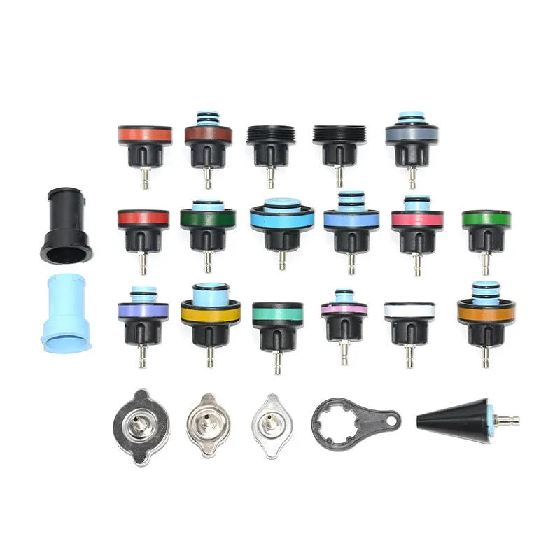 28-piece blue automotive radiator pressure testing kit with vacuum purge and refill tools