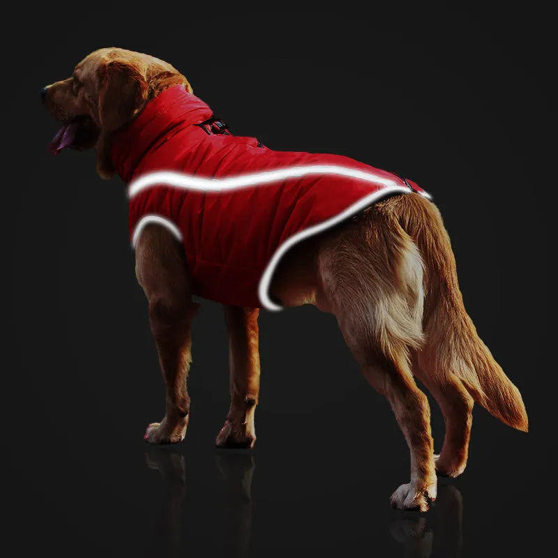 Thickened reversible dog jacket in polyester polar fleece, windproof winter pet coat in blue, red, rose red, or yellow, sizes XL to 6XL.