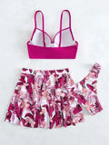 Women's high-waist bikini three-piece swimsuit in polyester fabric showing belly coverage design