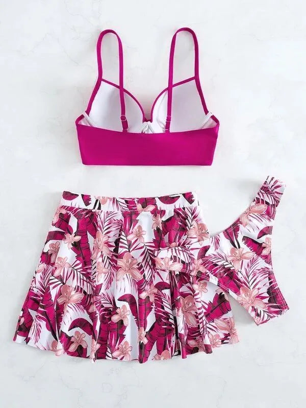 Women's high-waist bikini three-piece swimsuit in polyester fabric showing belly coverage design