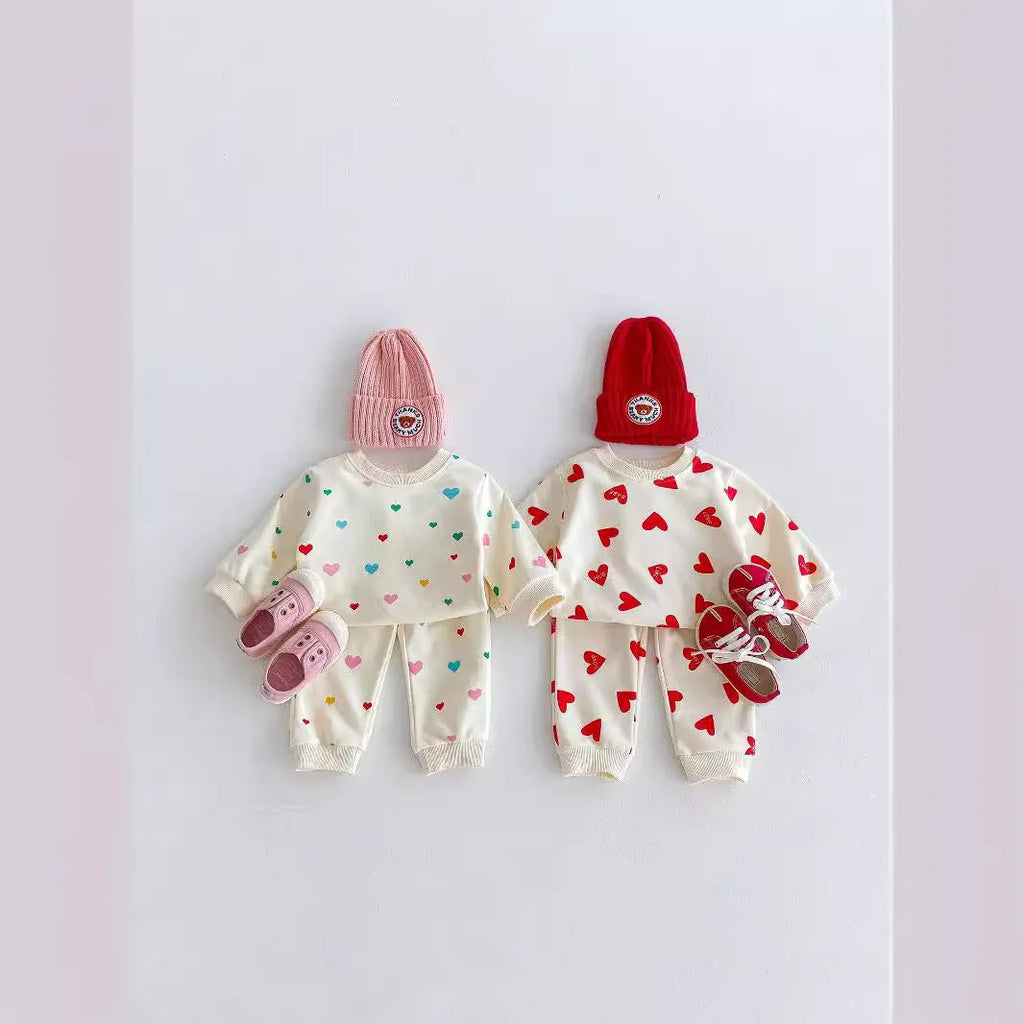 Cotton baby two-piece suit with coloured loving heart top and trousers for 73-110cm toddlers