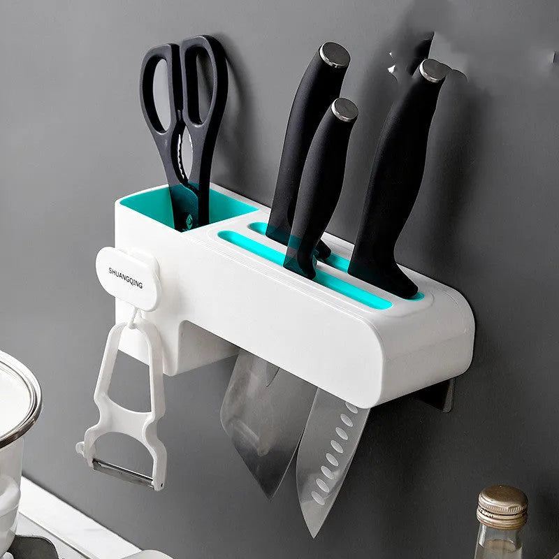 Modern white plastic kitchen knife storage rack with seven slots for organising cutlery