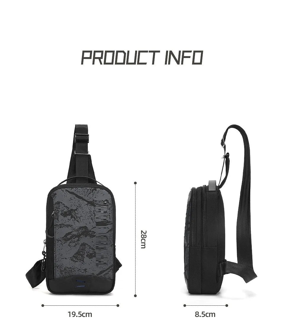 Casual black camouflage chest bag with adjustable strap, shown open to reveal internal phone pocket.