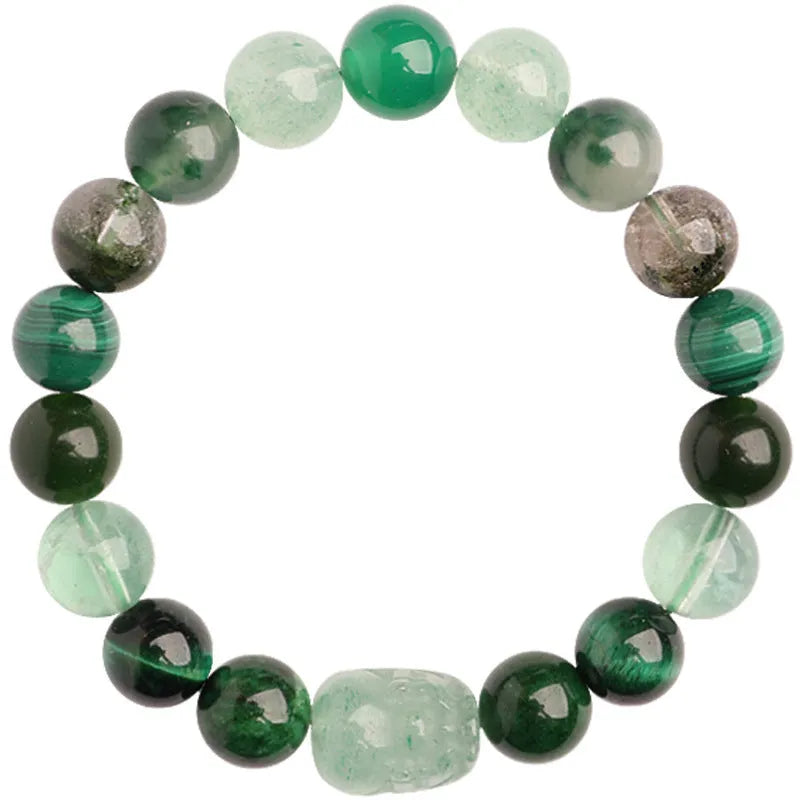 Five Elements crystal bracelet with green strawberry quartz beads in 10mm size, auspicious patterns, on white background