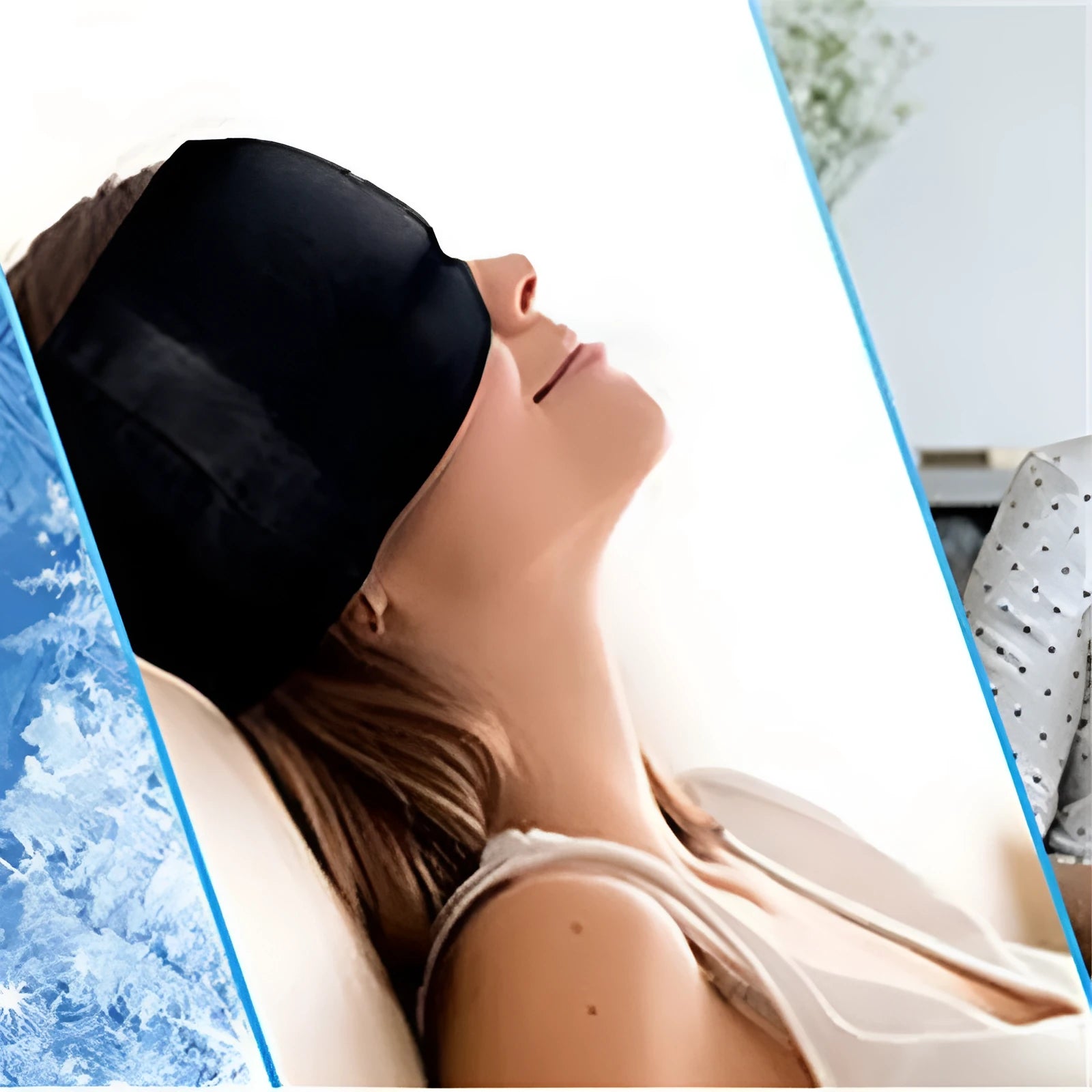 Black elastic gel ice mask for headache relief with adjustable strap, shown on a white background.