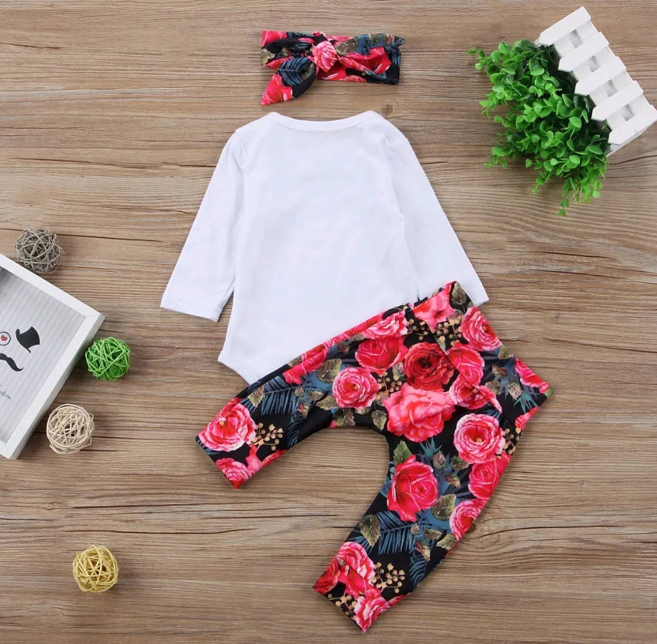 Girls autumn cotton milk silk three-piece suit with floral print and matching hair band, available in sizes 70-100cm